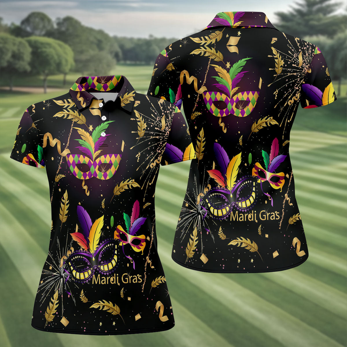 Gold Ribbons Mardi Gras Masquerade Mask Women's Golf Shirts, Women's Golf Tops, Ladies Golf Shirts