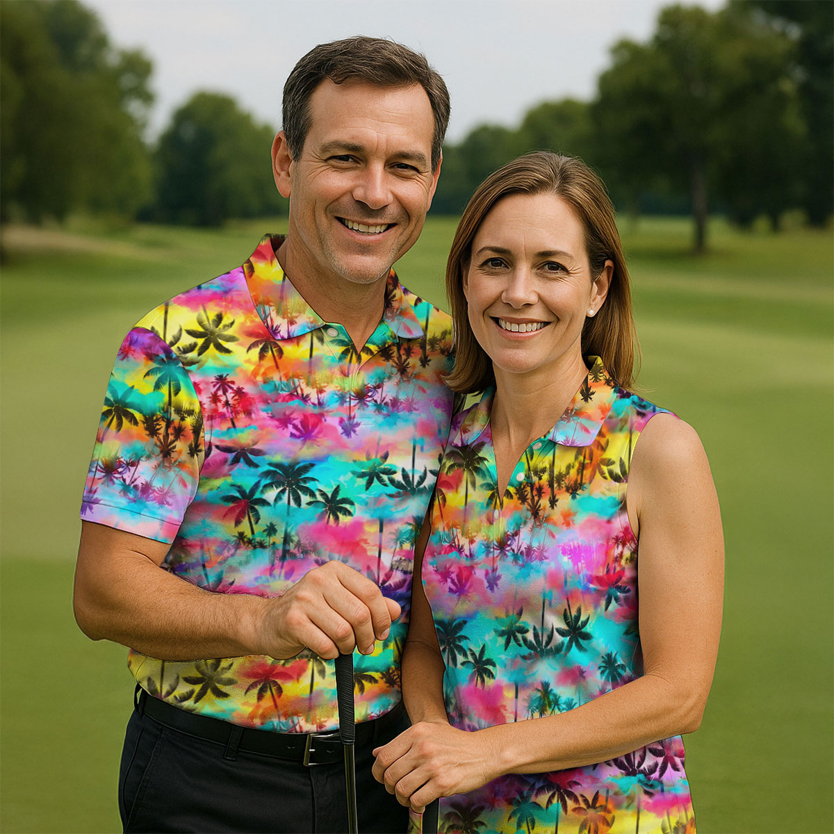 Watercolor Tropical Palm Golf Shirt, Colorful Sunset Hawaiian Polo, Polo Shirts For Men