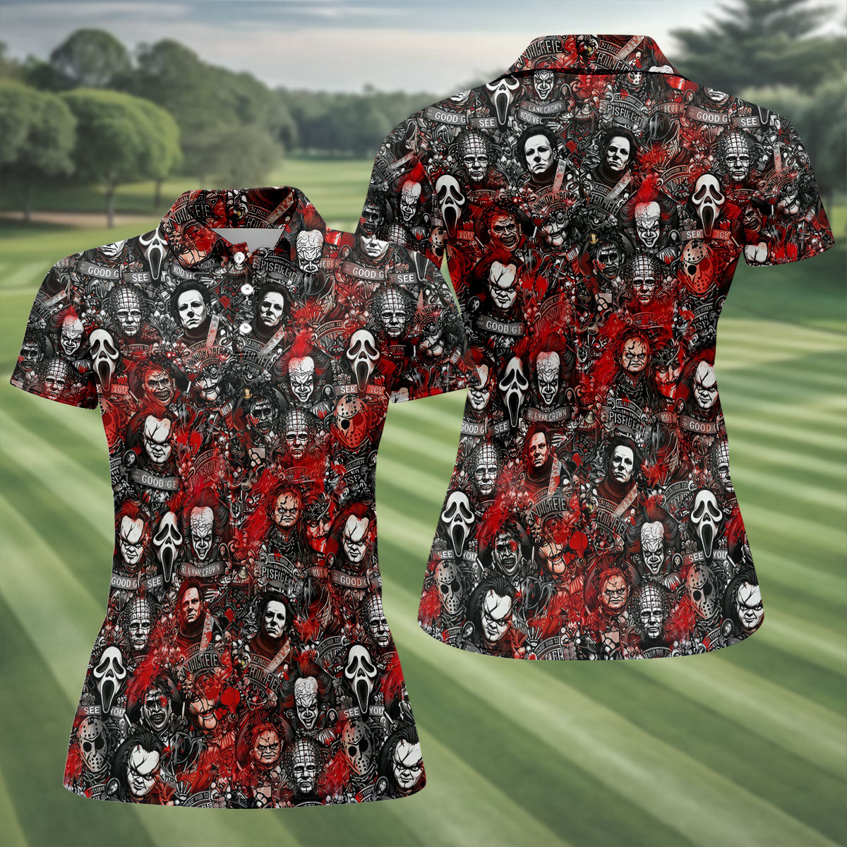Red Horror Character Collage Halloween Golf Shirt, Women's Golf Polo, Printed Golf Shirt