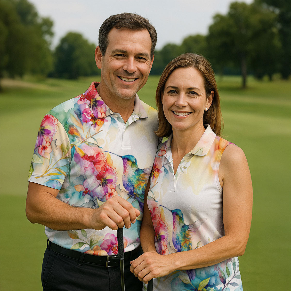 Watercolor Hummingbird Floral Polo Shirt, Men's Golf Shirt, Golf Apparel For Men
