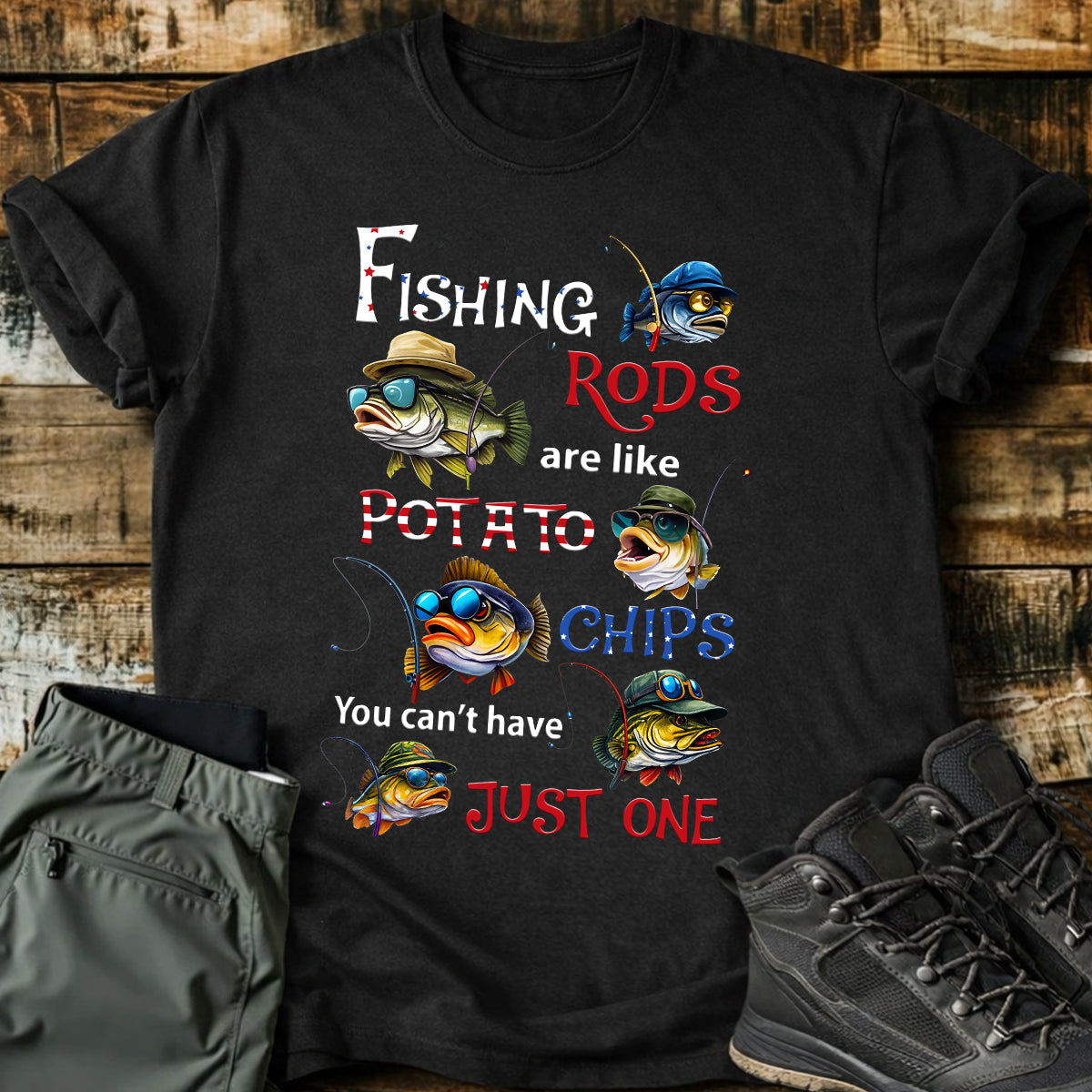Fishing Rods Are Like Potato Chips Bass Fishing Patriotic 4th Of July Funny Fishing Shirt, 250 Years Fishing T-Shirts