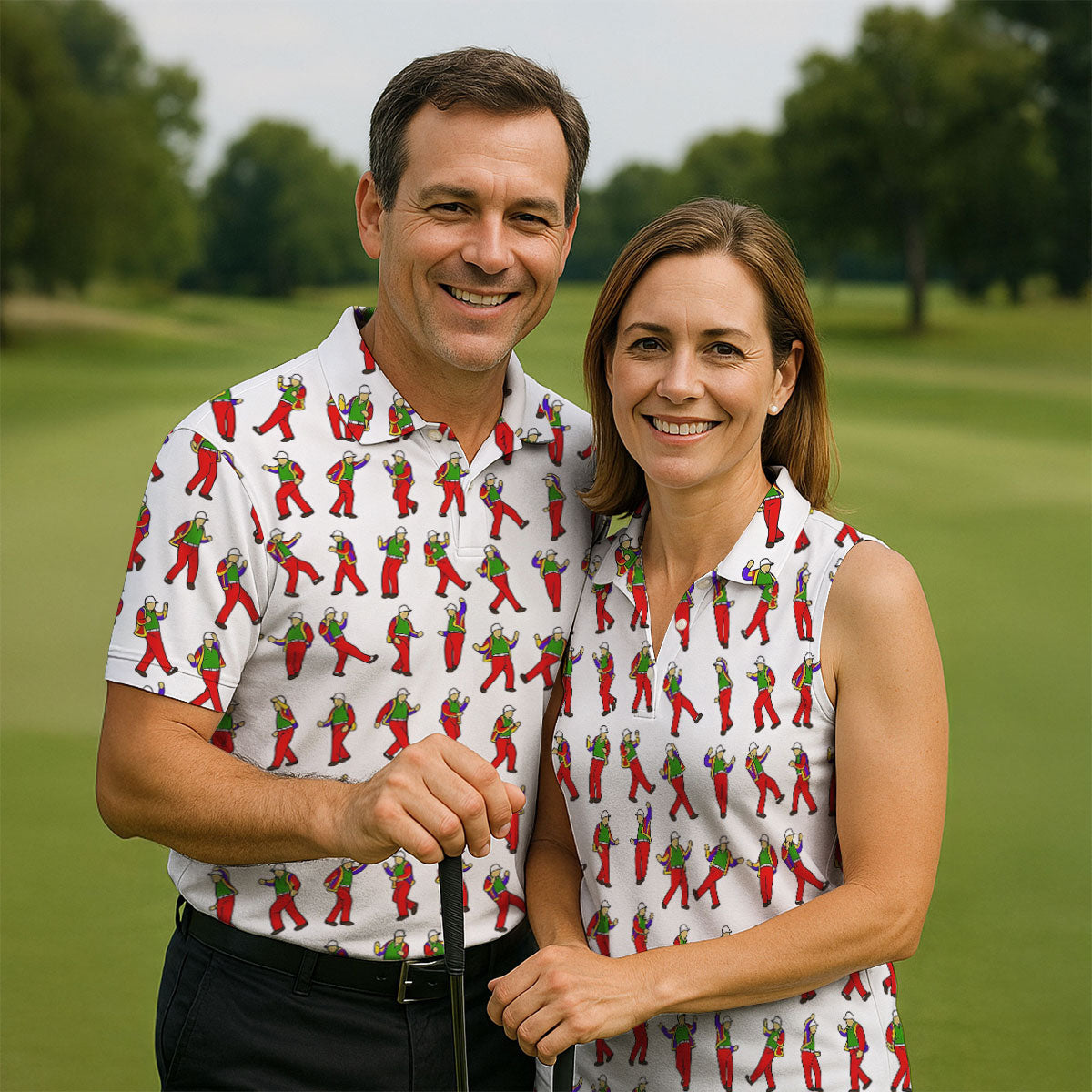 Colorful Dancing Character Pattern Polo Shirt, Hawaiian Golf Shirt, Mens Golf Apparel