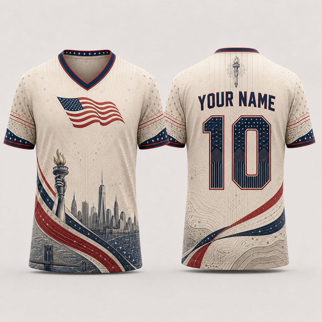 Red White Blue Fooball Shirt, V-Neck For Men Football Lover, American Soccer Fan Father's Day Presents