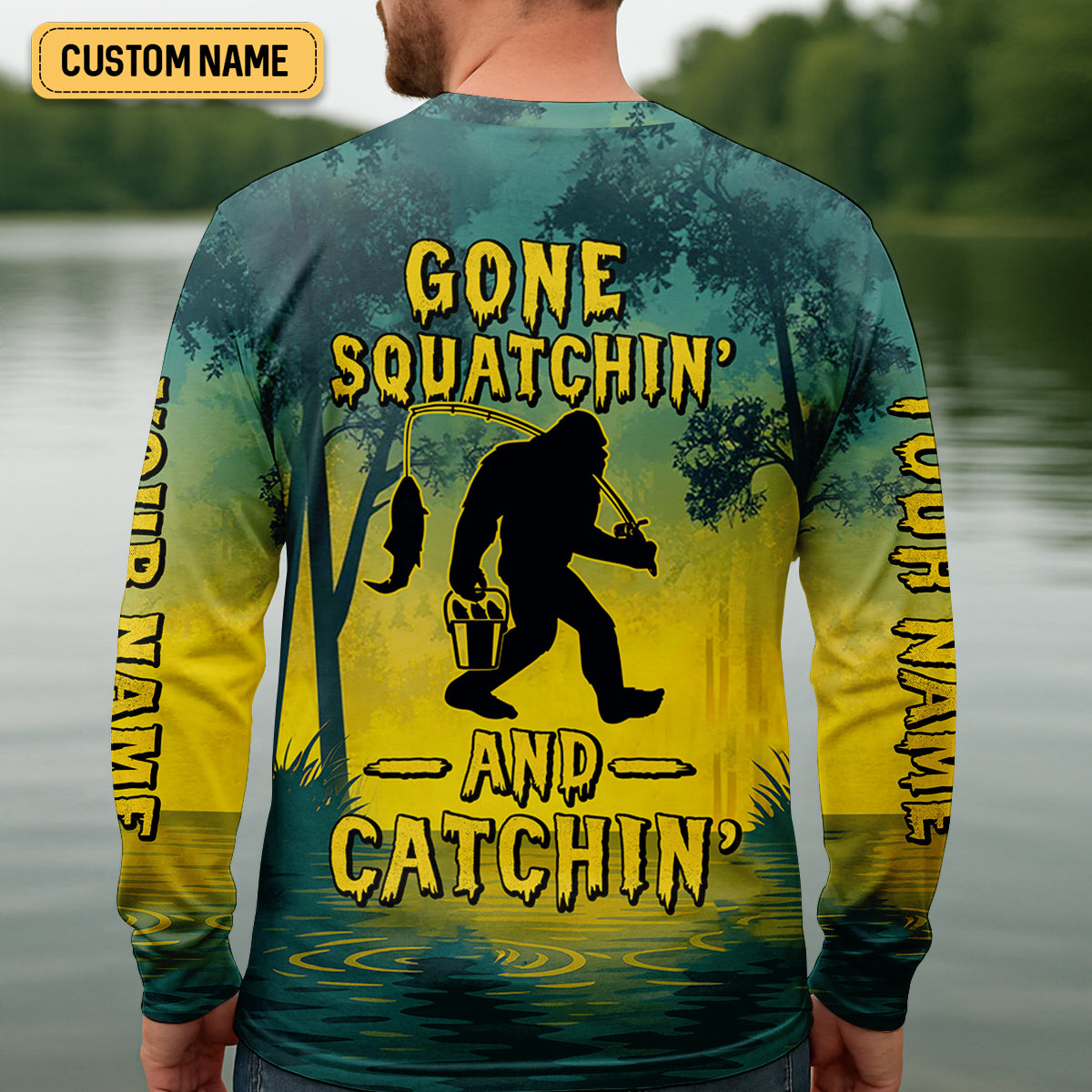 Gone Squatchin And Catching Yellow Forest Bigfoot Fishing UPF Shirts, Funny Fishing Shirt, Fishing Gifts For Men