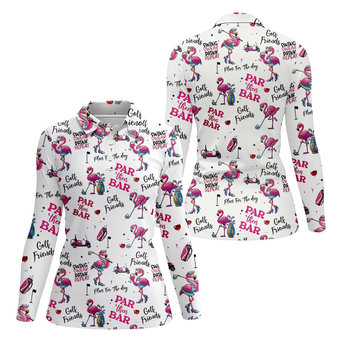 Par Then Bar Flamingo Funny Long Sleeve Polo Womens, Custom Ladies Golf Shirt