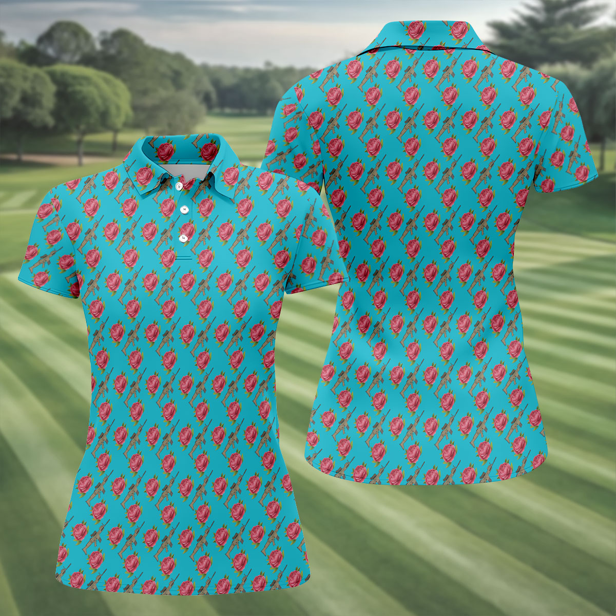 Gun And Rose Seamless Pattern Blue Golf Shirt, Women's Golf Tops, Ladies Golf Shirt