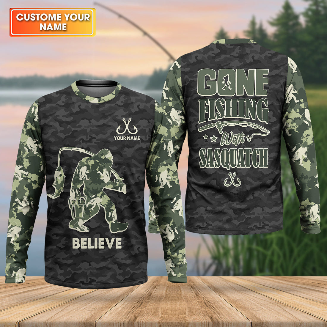 Gone Fishing With Sasquatch Camo Fishing Shirt, Fishing UPF Shirts, Fishing Shirts For Men