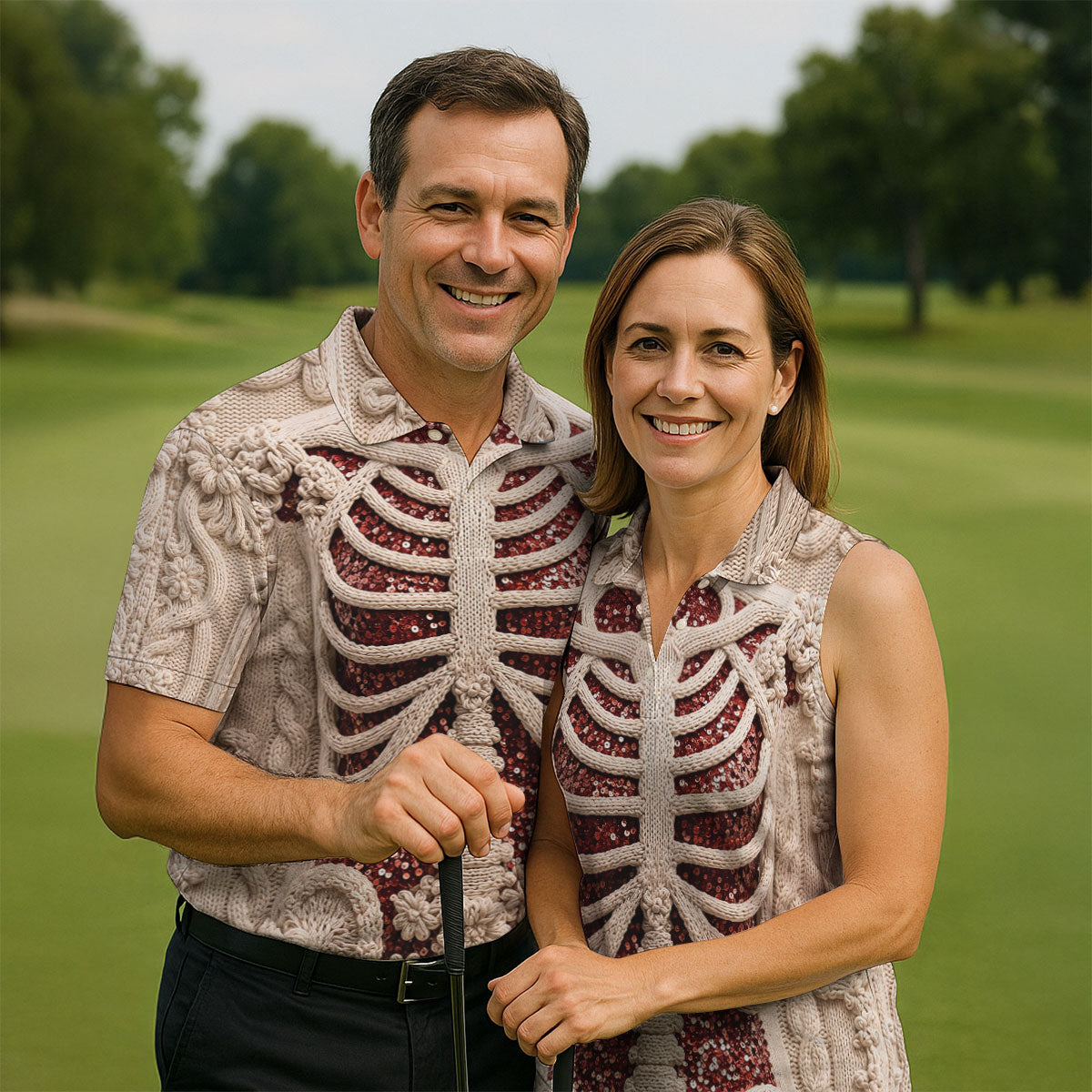 Knitted Skeleton Sequin Halloween Polo Shirt, Mens Golf Polo, Golf Apparel For Men