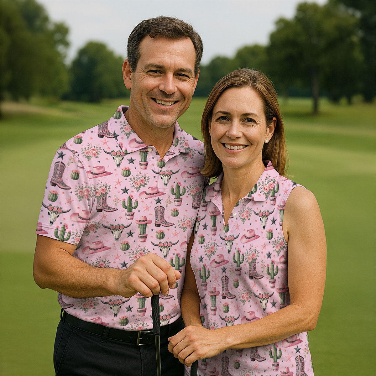 Pink Western Boots Roses Cactus Pattern Hawaiian Golf Shirt, Printed Golf Shirts, Mens Golf Apparel