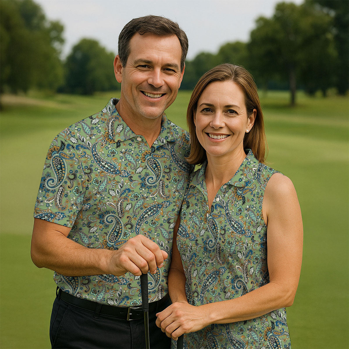 Paisley Vintage Earth Green Women's Golf Tops, Ladies Golf Polos, Golf Shirt For Women