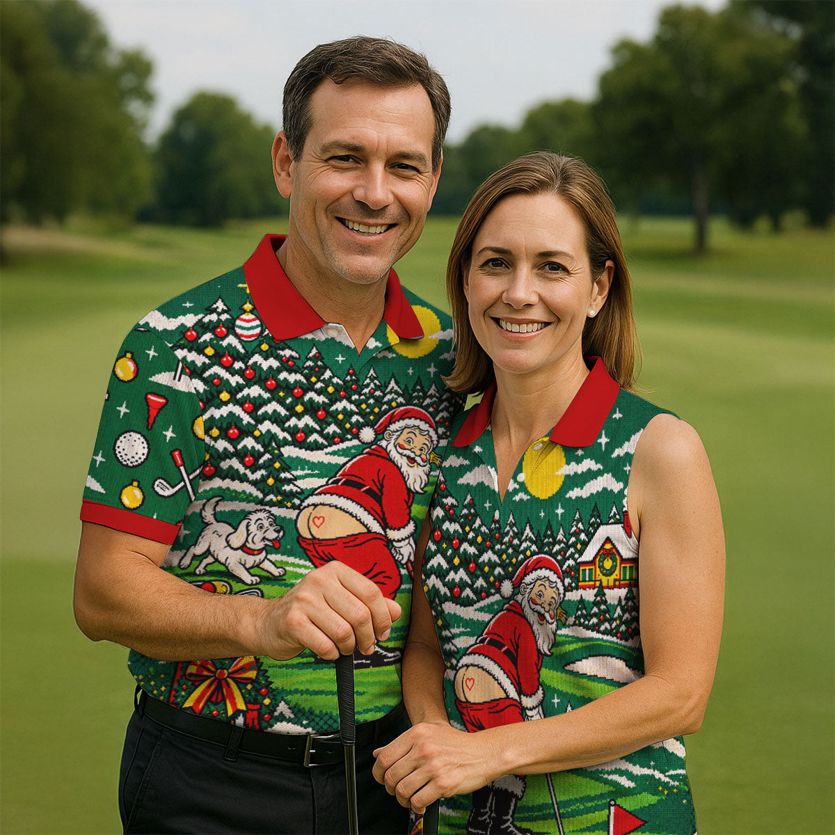 Funny Santa Mooning Dog Christmas Golf Shirt, Mens Golf Polo, Golf Shirts For Men