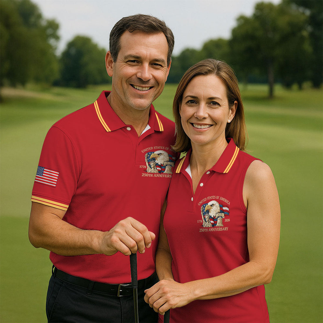 Bald Eagle American Flag 250 Years Red Golf Shirt, Patriotic 4th Of July Golf Shirts For Men