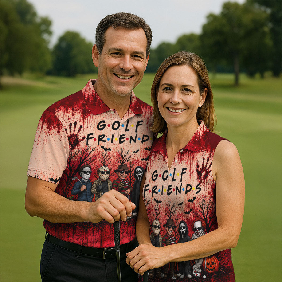 Golf Friends Halloween Horror Character Group Polo Shirt, Mens Golf Polo, Golf Apparel