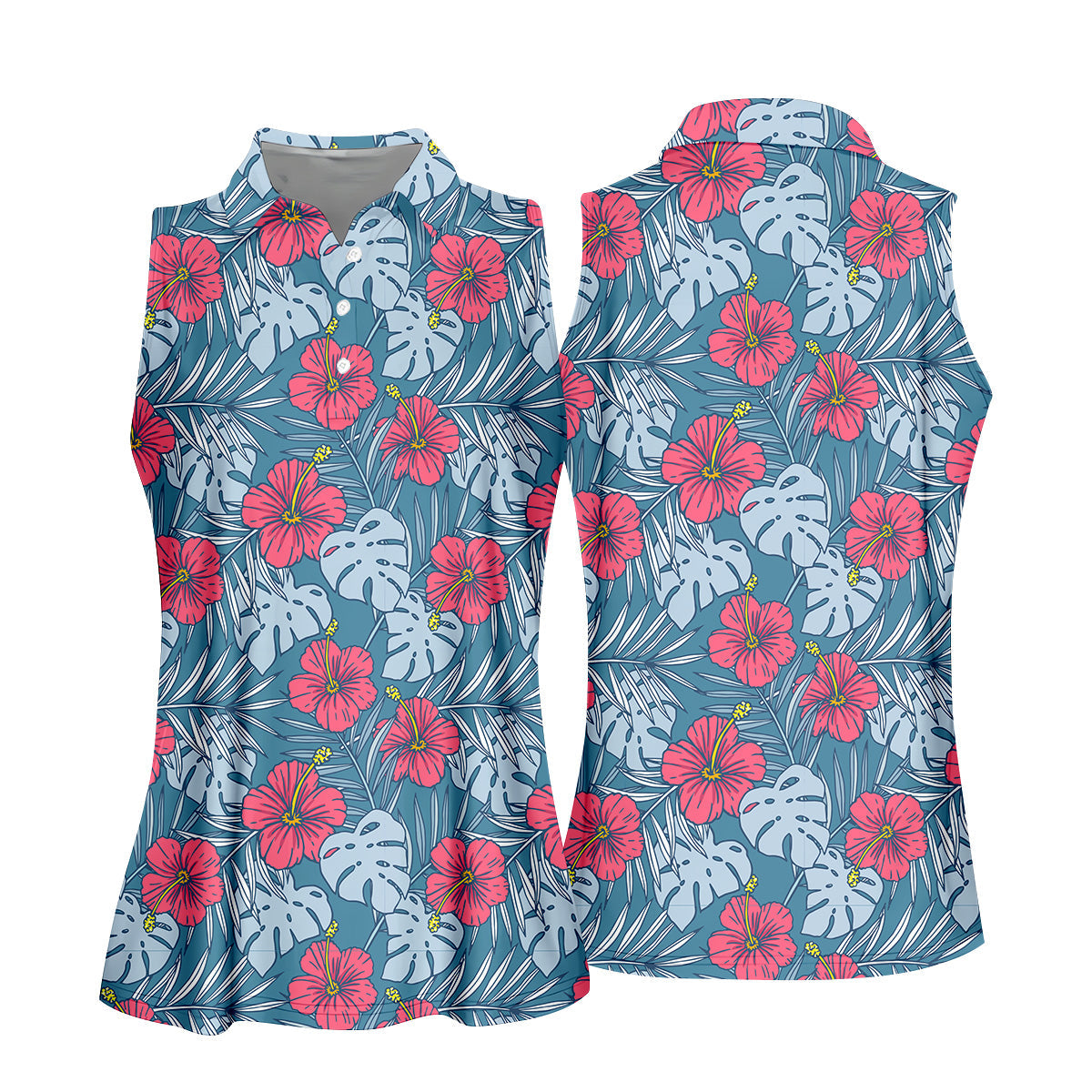 Hibiscus Flower And Leaf Patterned Golf Shirts, Womens Golf Polo Shirt Tropical Golf Shirts