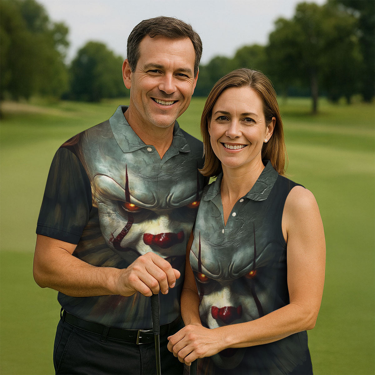 Scary Clown Face Halloween Polo Shirt, Golf Polo Shirts For Men, Mens Golf Apparel