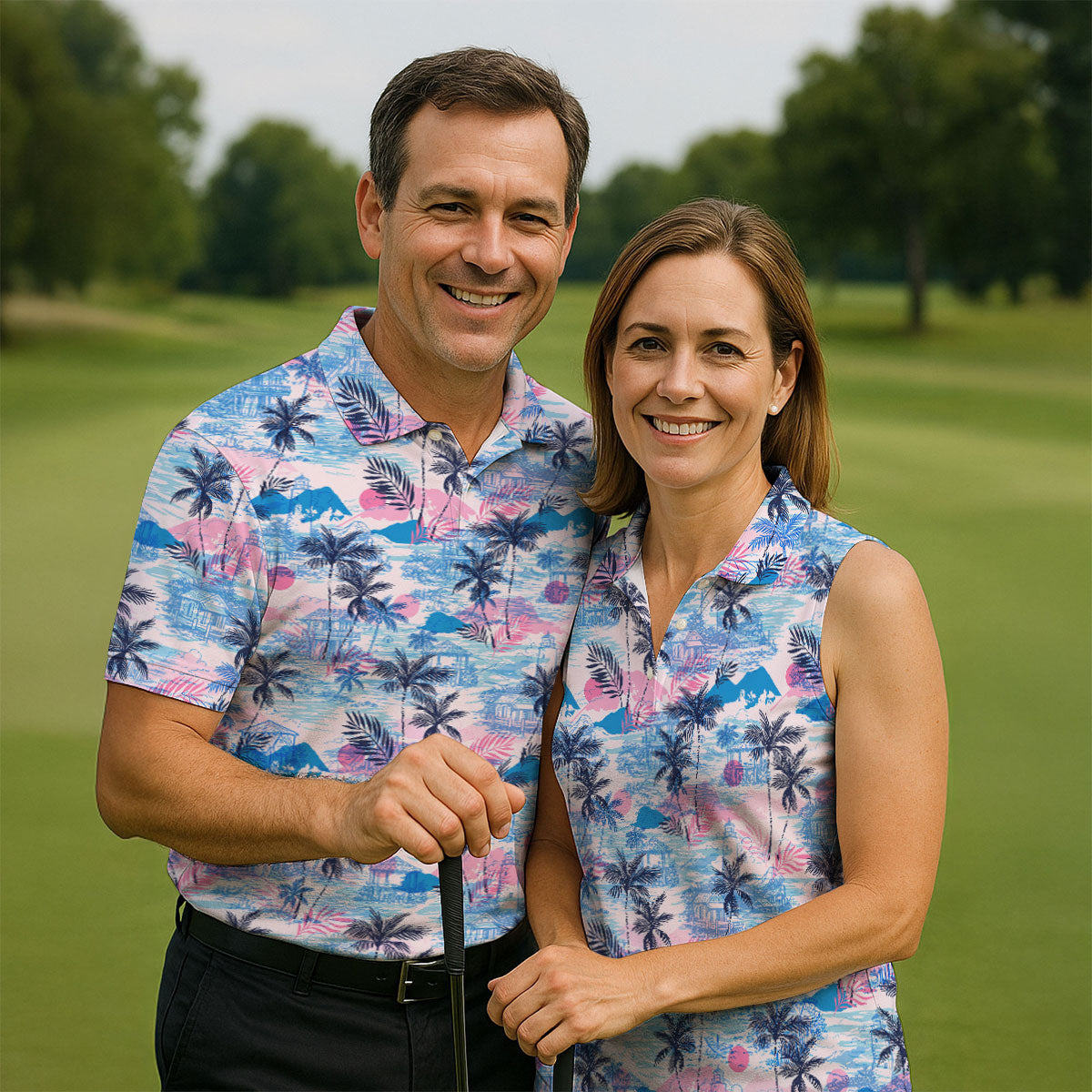 Tropical Island Sunset Pink And Blue Hawaiian Golf Shirt, Polo Shirts For Men, Golfing Apparel