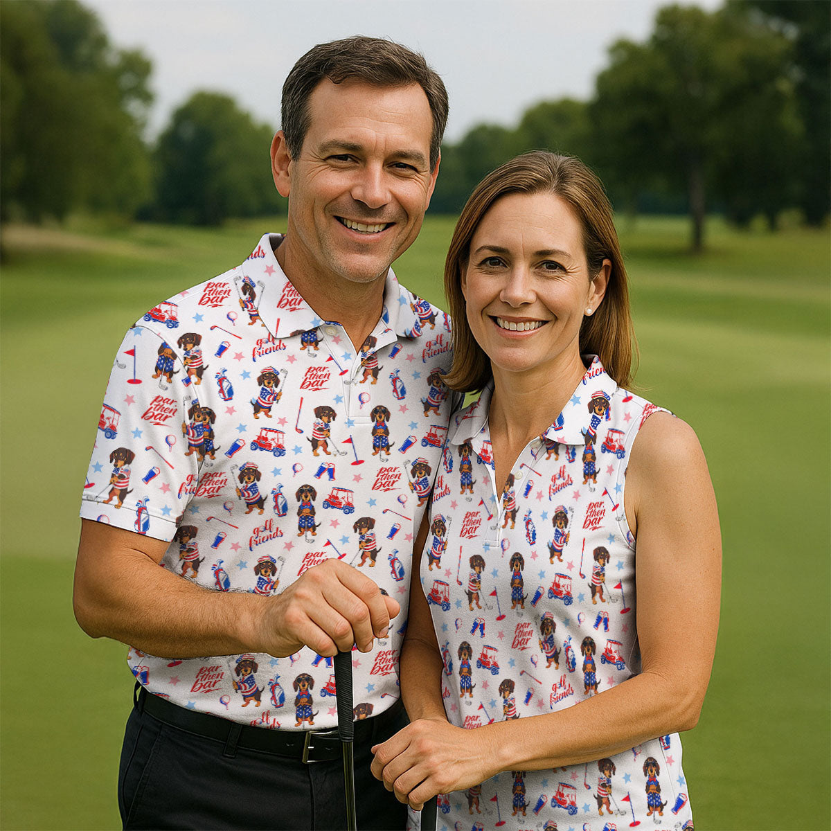 Par Then Bar Cute Dachshund Golf Pose 4th Of July Women Golf Top, 250th Anniversary Patriotic Golf Shirt