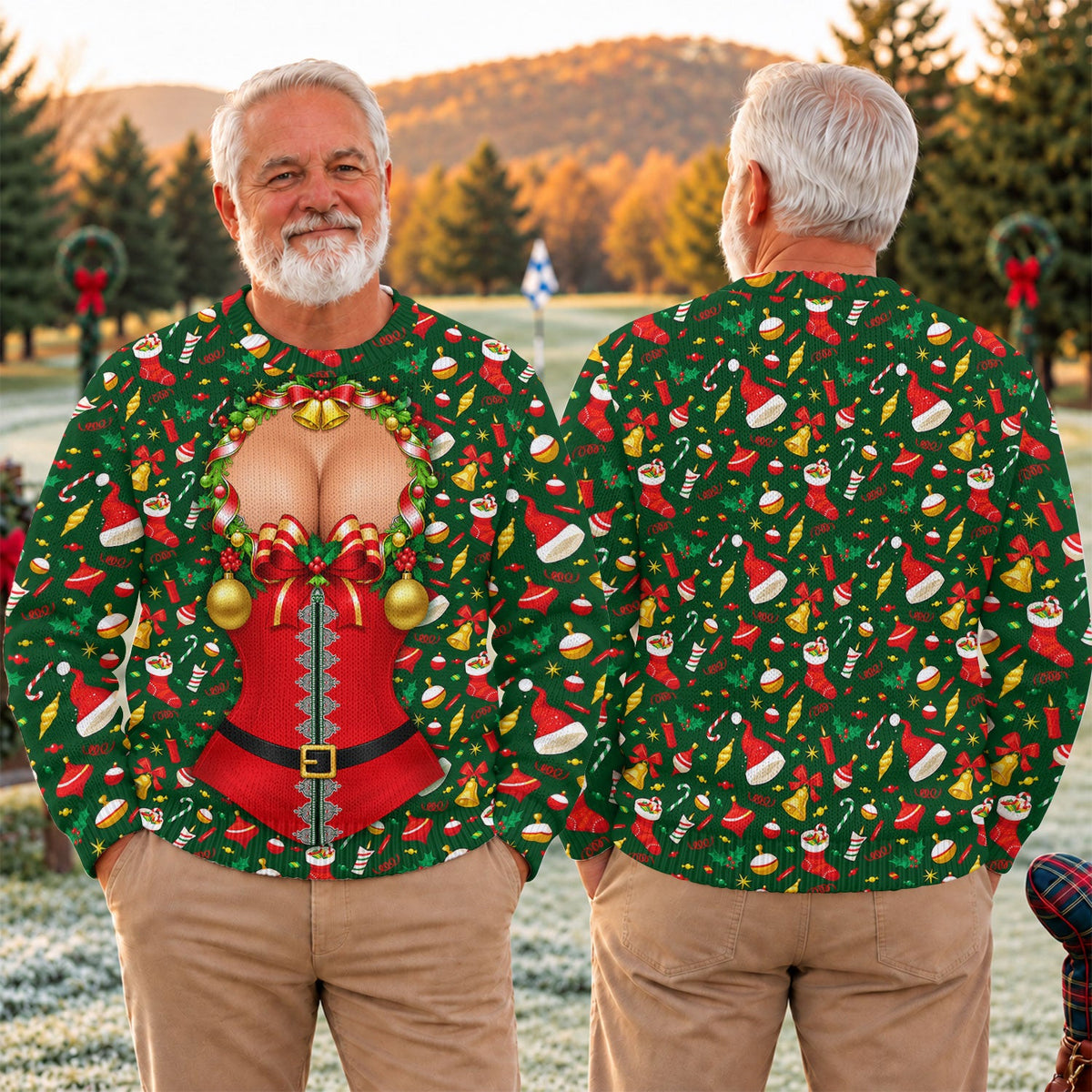 Christmas Corset Bow Print Sweater, Christmas Golf Shirt For Men, Ugly Christmas Sweater