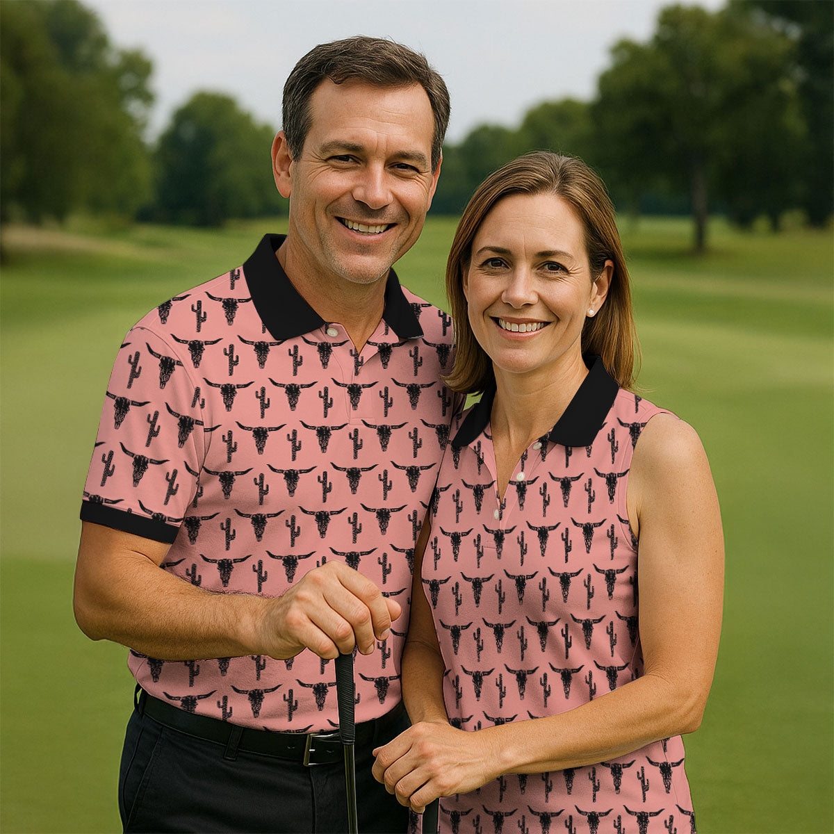 Longhorn Cow Skull Western Theme Peach Pink Golf Tops For Men, Polo ShirtFor Men, Golf Shirts For Men
