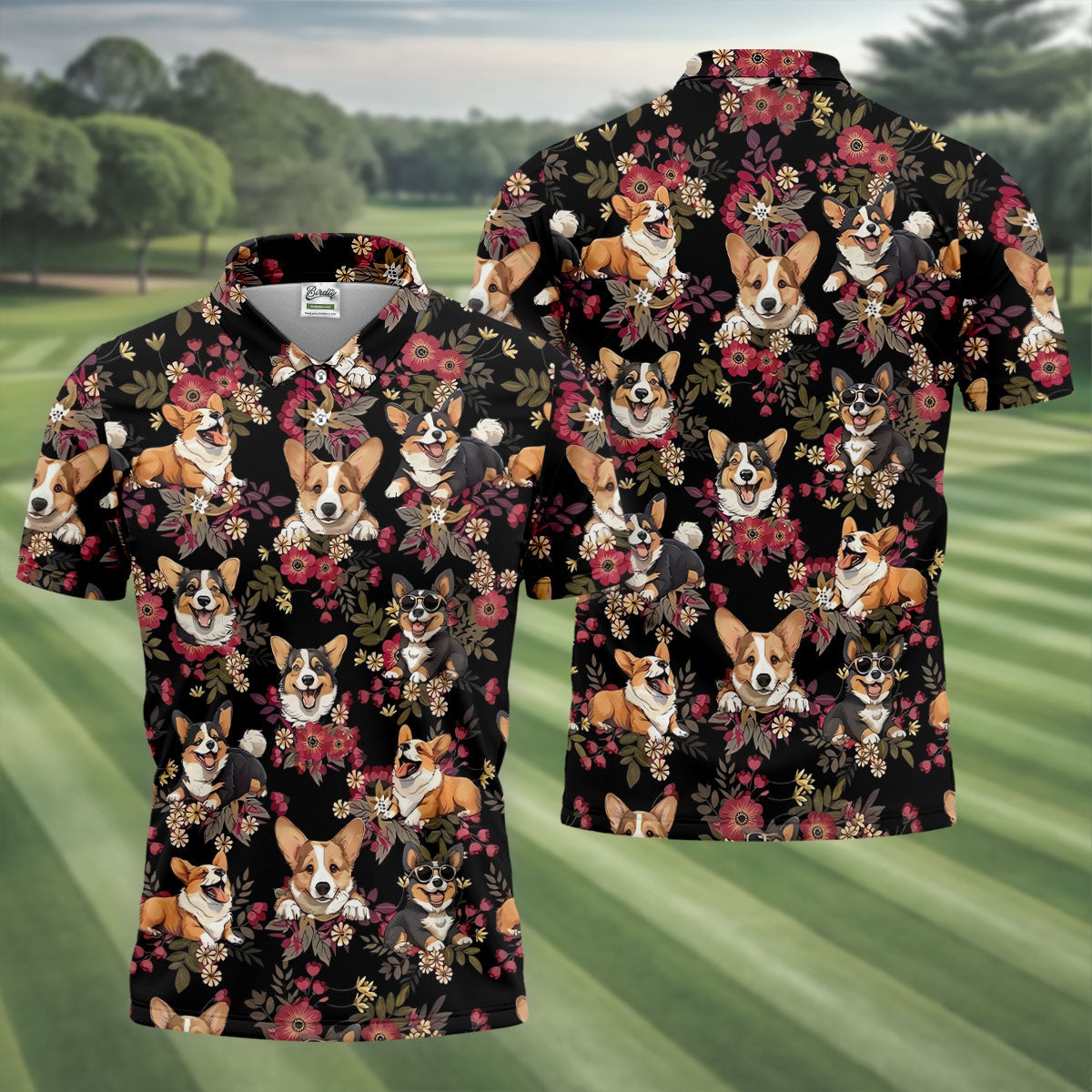 Cute Corgi Floral Hawaiian Pattern Polo Shirt, Mens Golf Polo, Funny Golf Shirt