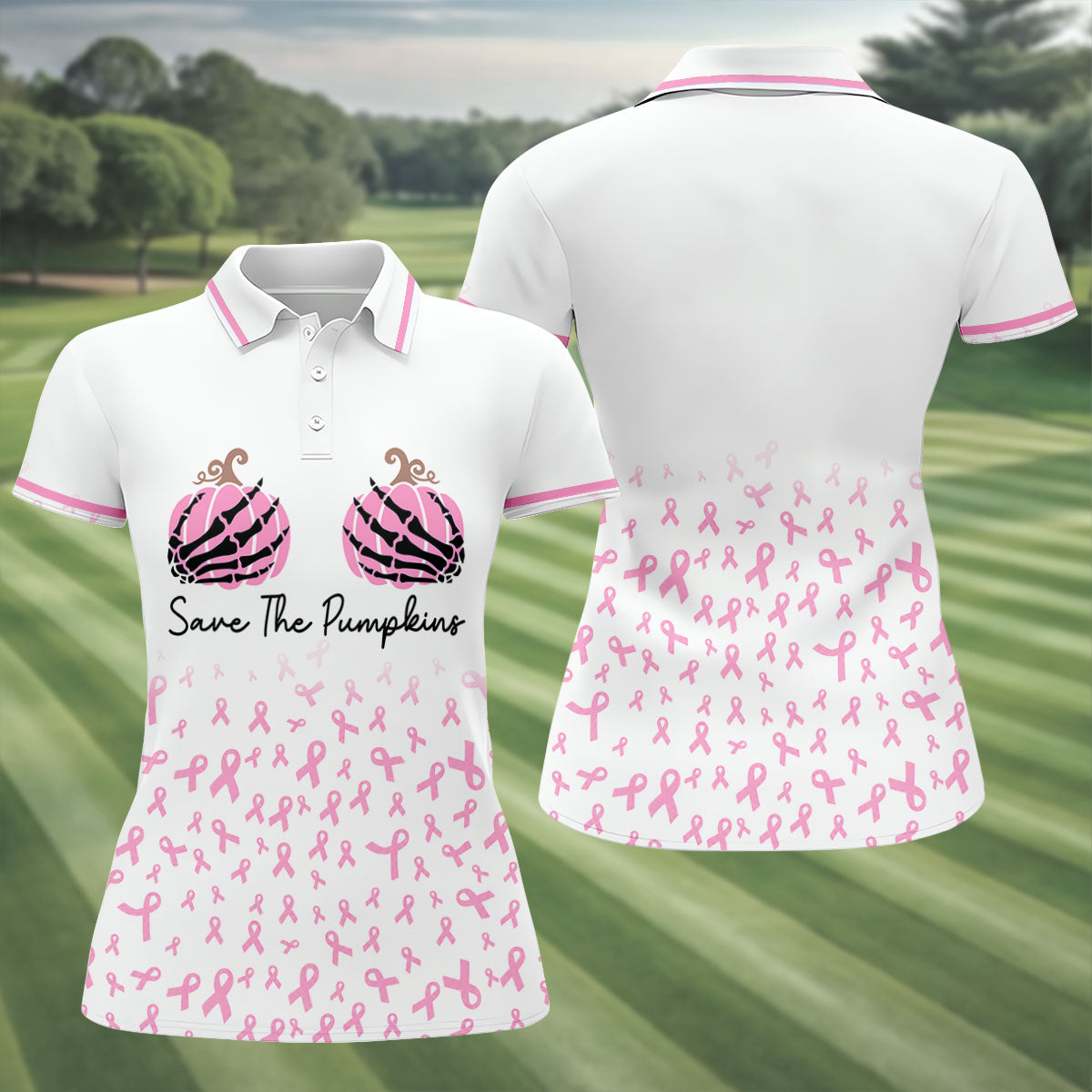 Save The Pumpkins Breast Cancer Polo Shirt, Golf Tops For Women, Women’s Golf Apparel