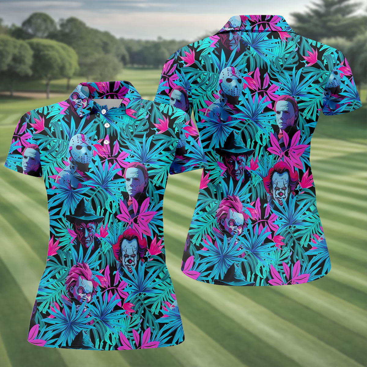 Neon Halloween Horror Character Hawaiian Golf Shirt, Women's Golf Polo, Printed Golf Shirt