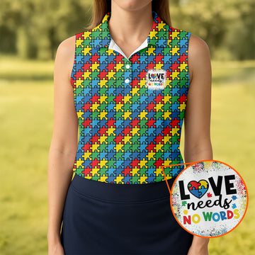 Love Needs No Words Autism Awareness Jigsaw Puzzle Pieces Golf Shirt For Women, Ladies Golf Polos