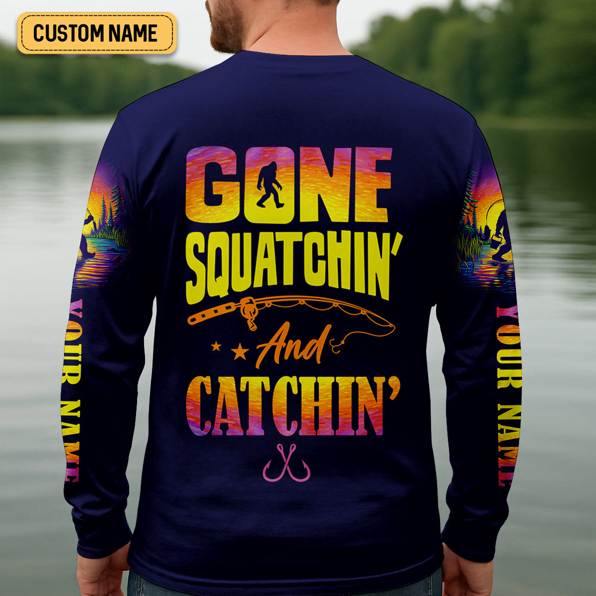 Gone Squatchin And Catching Sunset Fishing UPF Shirts, Funny Fishing Shirt, Sasquatch Fishing Shirts For Men