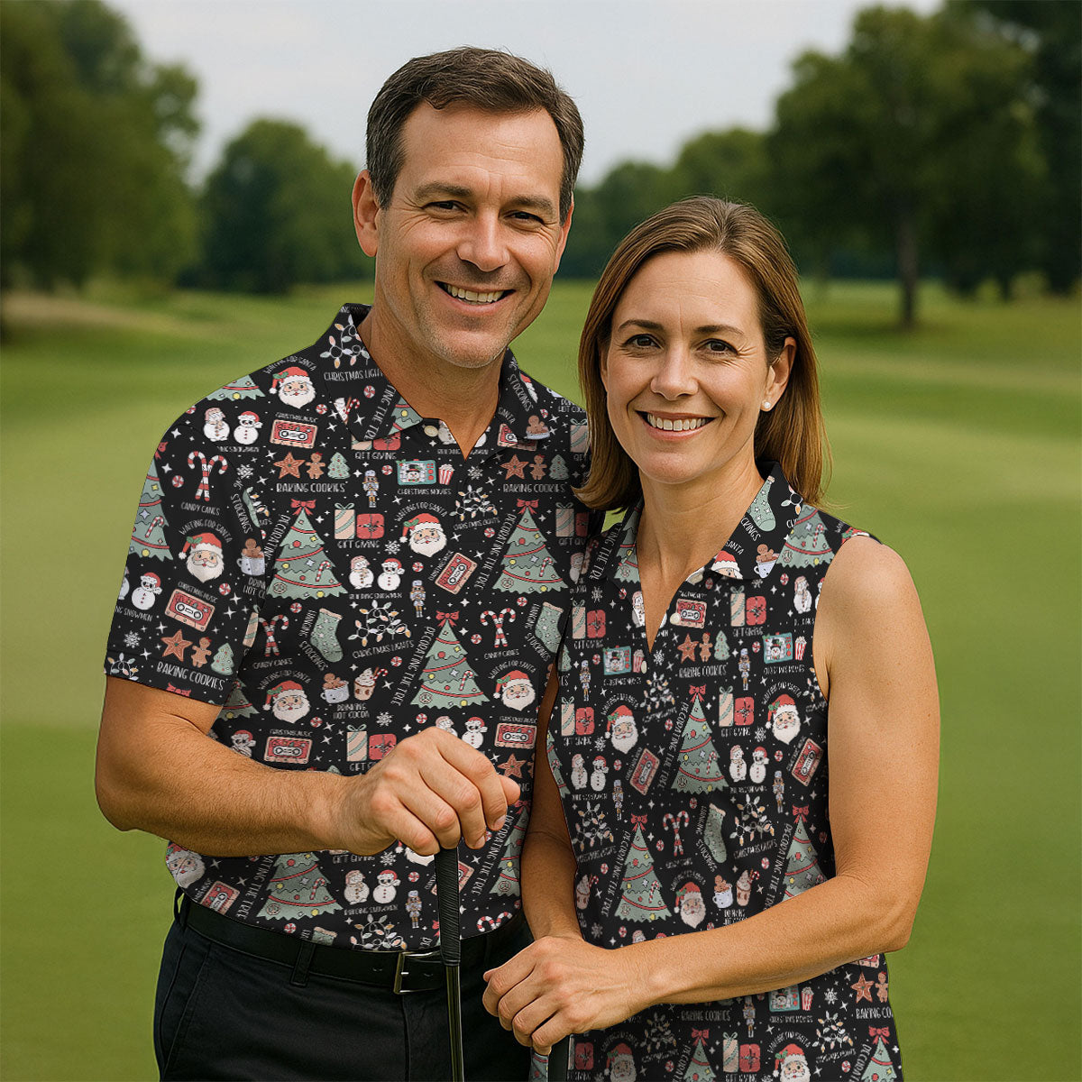 Cute Santa Claus Gift Black Women's Golf Tops, Christmas Golf Shirt, Golf Gift For Ladies