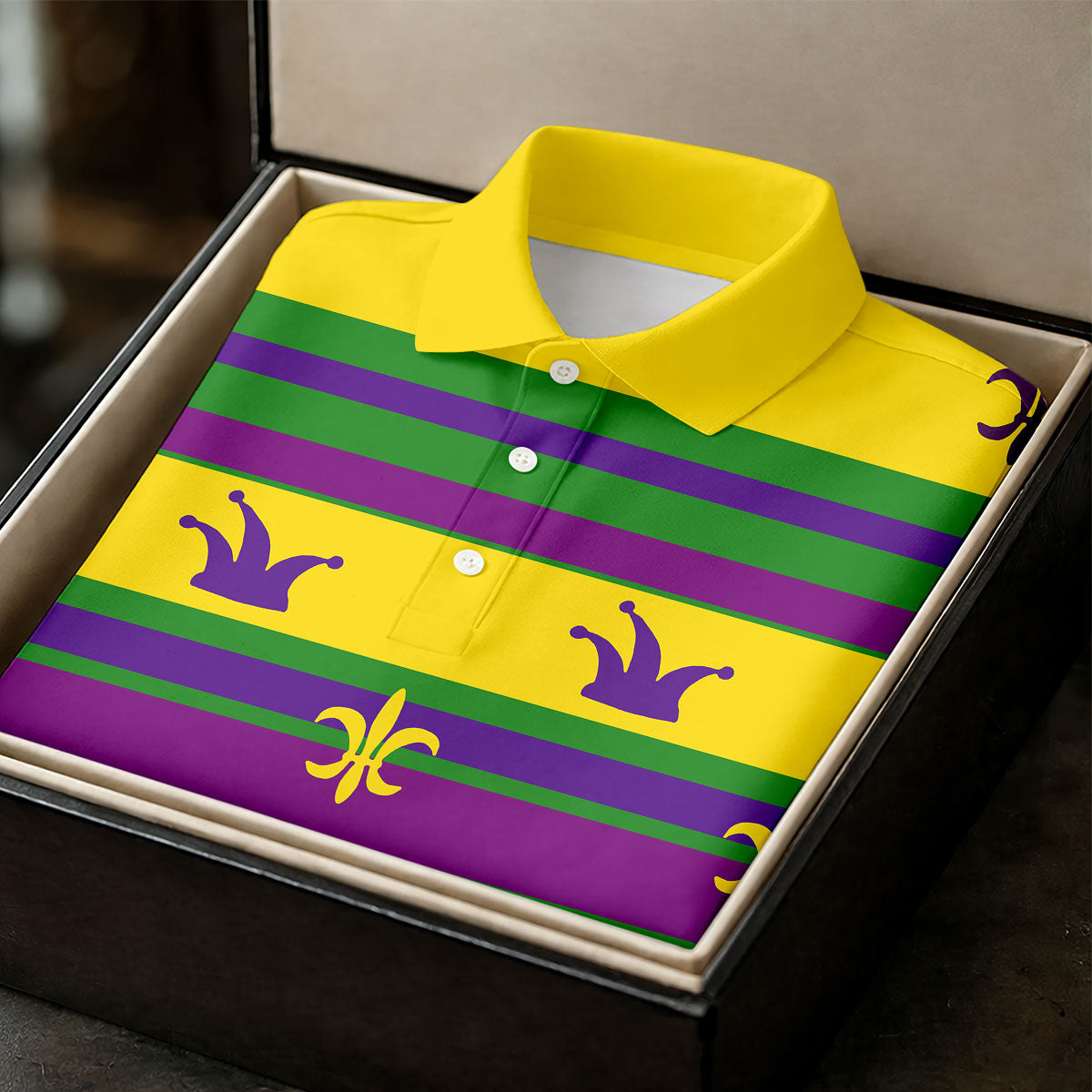 Mardi Gras Fleur De Lis Purple Green Gold Horizontal Stripes Women's Golf Shirts, Ladies Golf Polos