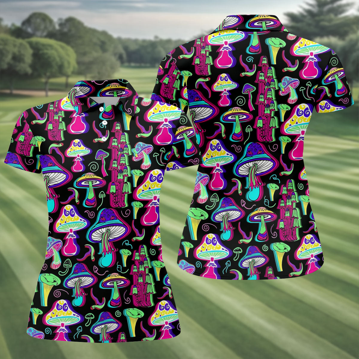 Black Neon Mushroom Pattern Golf Shirt, Women’s Golf Polo, Golf Shirts For Women, Performance Golf Shirt