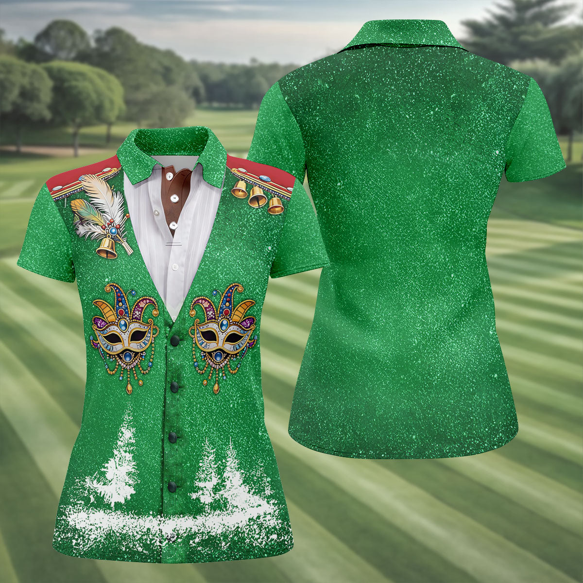 Masquerade Mask Feather Mardi Gras Glitter Print Green Golf Shirt, Women's Golf Tops, Ladies Golf Shirts