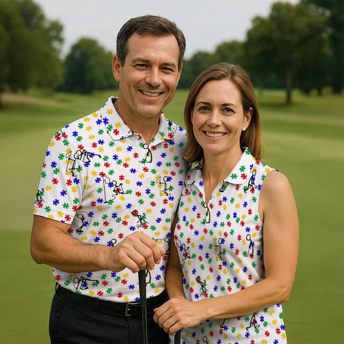 Funny Stick Figure Autism Puzzle Polo ShirtFor Men, Autism Awareness Golf Shirt, Golfing Apparel