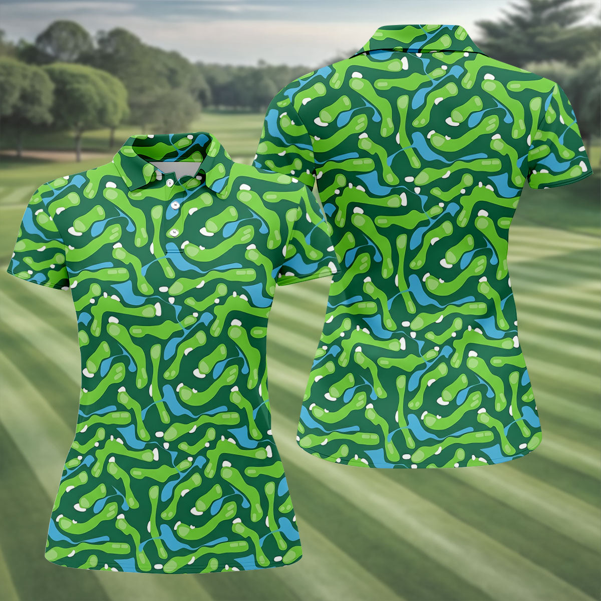 Golf Course Layout Golf Shirt, Fairway Water Hazard Pattern, Golf Shirt For Women