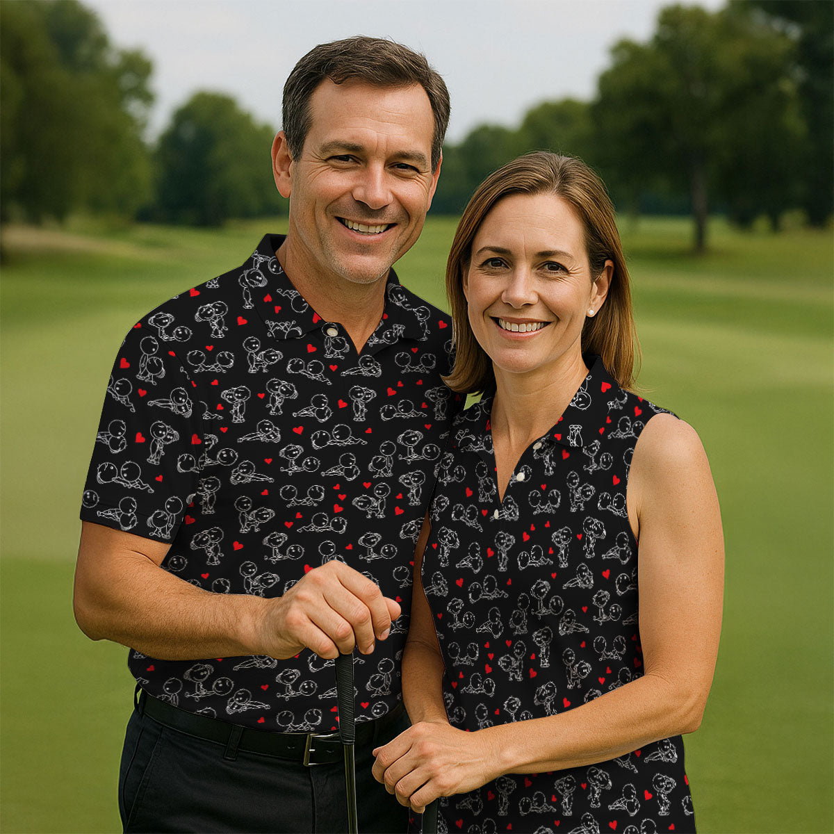 Naughty Position Stick Figure Couple Black Golf Shirt, Golfer Valentines Gift, Fun Women's Golf Shirts, Ladies Golf Shirts