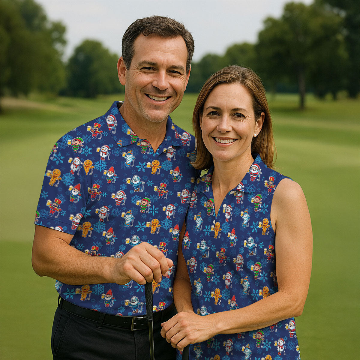 Christmas Characters Golf And Beer Navy Women's Funny Golf Shirts, Christmas Golf Shirt, Polo ShirtFor Women