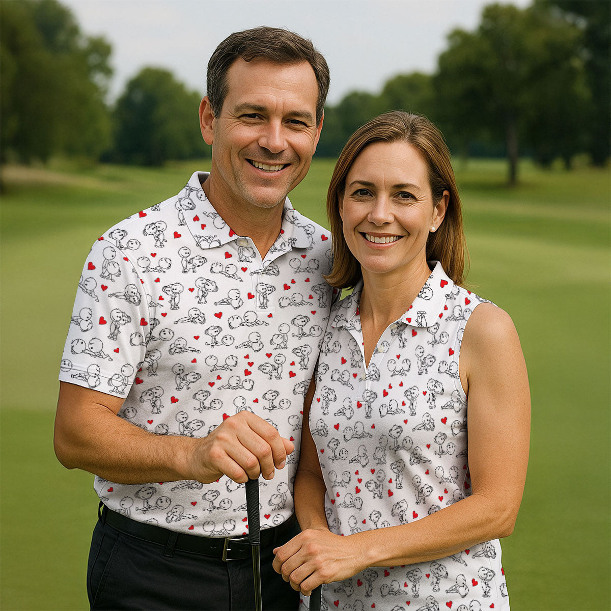 Naughty Position Stick Figure Couple White Golf Shirt, Golfer Valentines Gift, Fun Women's Golf Shirts, Ladies Golf Shirts