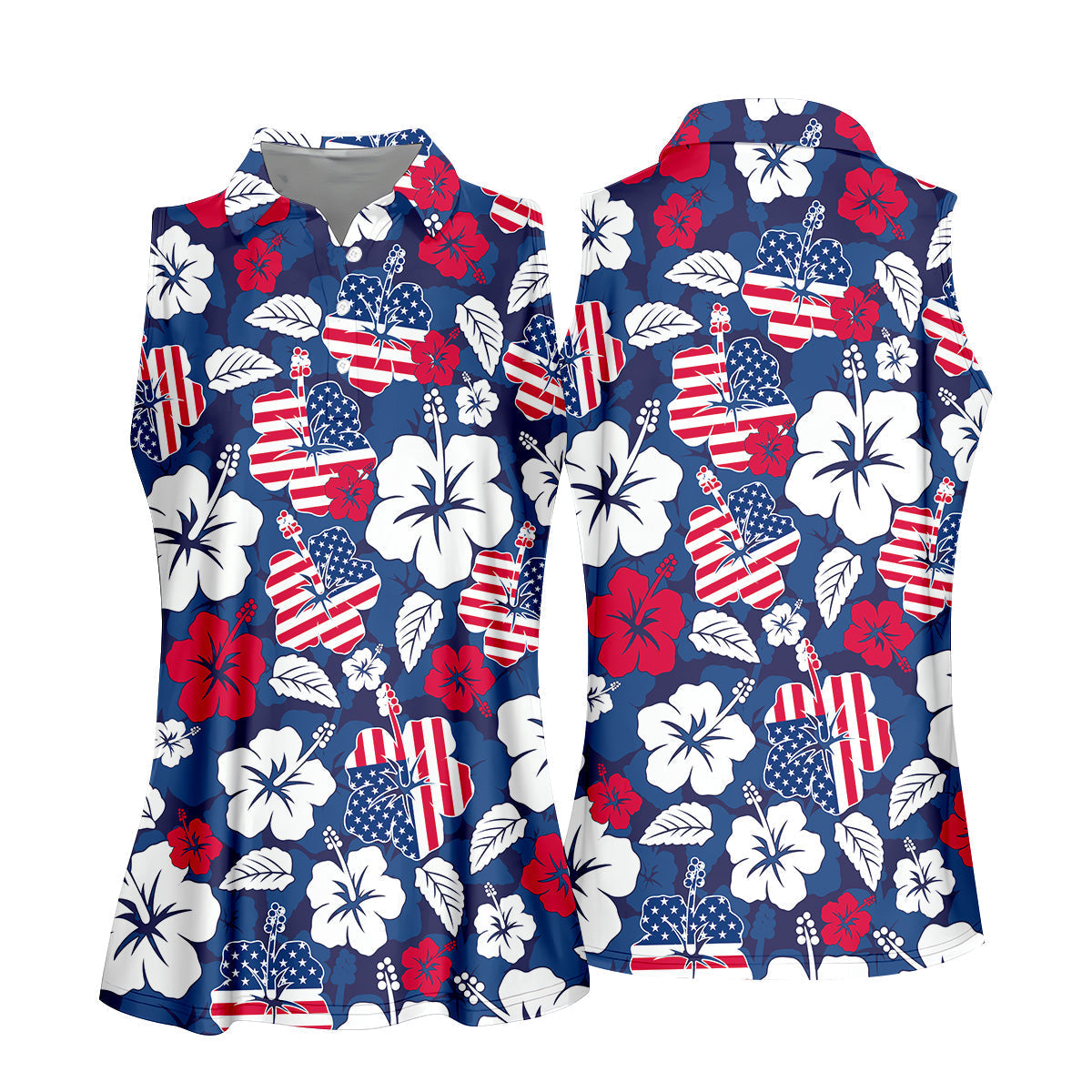 Tropical Hibiscus American Flag Womens Golf Polo Shirt4th Of July Shirts, US 250 Anniversary Ladies Golf Shirt