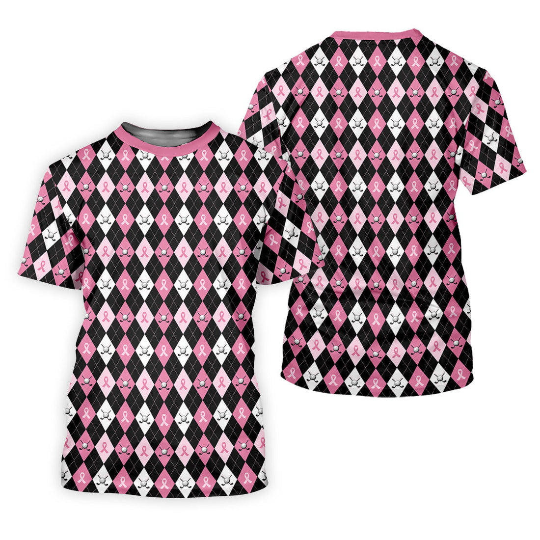 Black Pink Argyle Men's Golf Polo Shirt, Breast Cancer Golf Shirt, Golf Gift For Men, Matching Golf Shirts