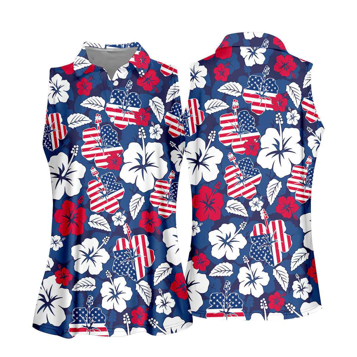 Tropical Hibiscus American Flag Womens Golf Polo Shirt Patriotic Golf Shirt, USA Golf Shirt Custom Ladies Golf Shirt
