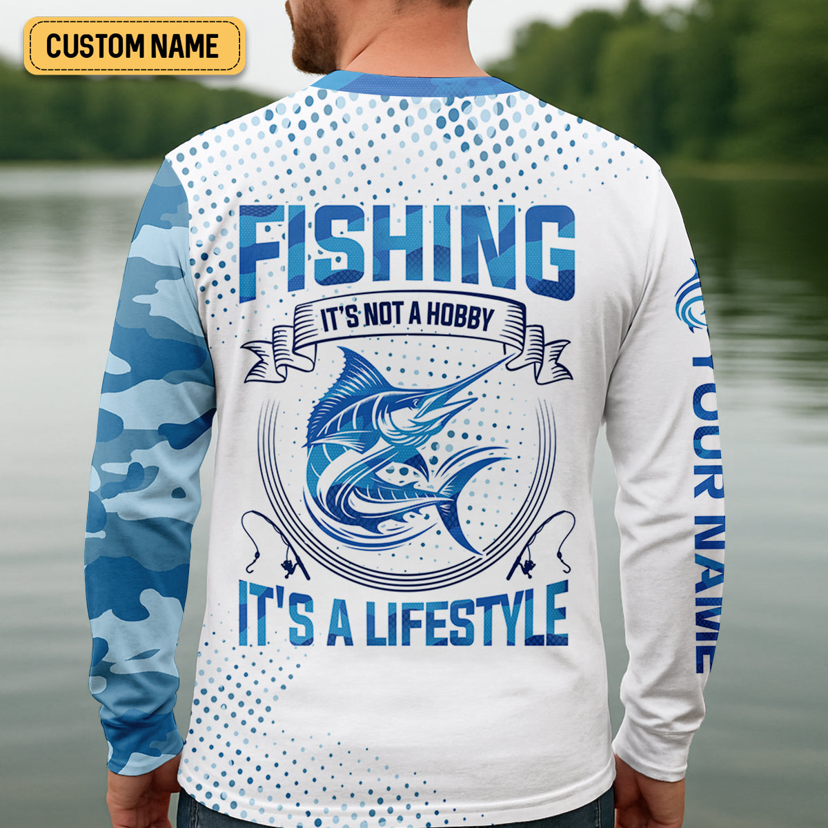 Fishing It's Not A Hobby It's A Lifestyle Blue Camo Fishing UPF Shirts, Blue Marlin Fishing Shirts For Men