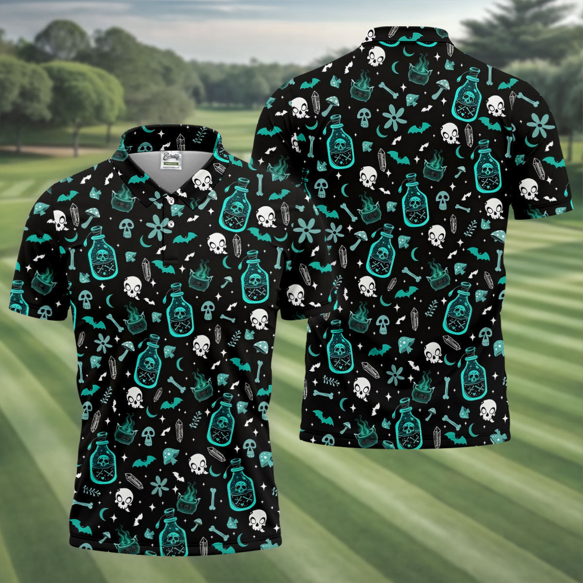 Skull Potion Halloween Pattern Polo Shirt, Printed Golf Shirts, Golf Apparel For Men