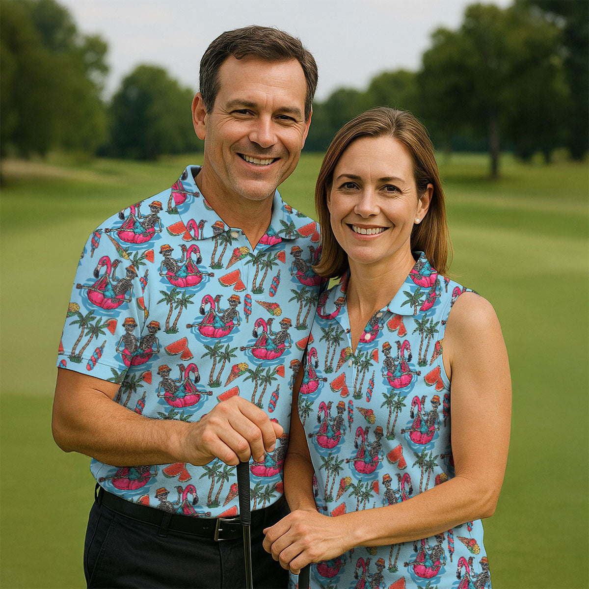 Skeleton Flamingo Summer Vibe Retro Golf Shirt, Fun Women's Golf Shirts, Golf Shirt For Women, Ladies Golf Shirts