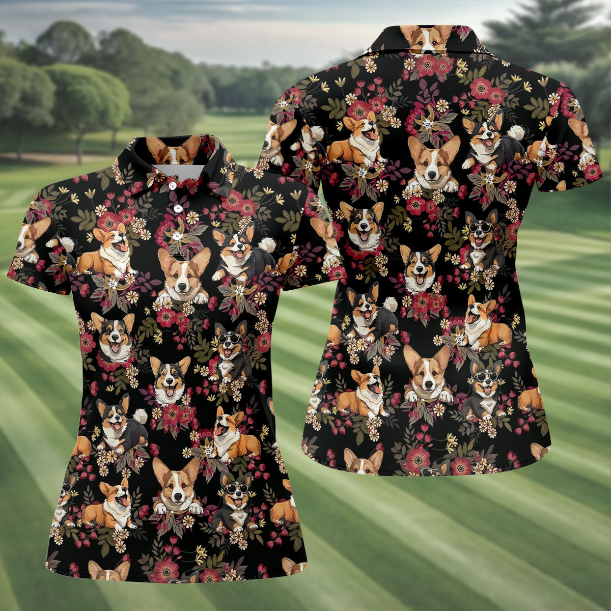 Cute Corgi Floral Hawaiian Pattern Polo Shirt, Womens Golf Polo, Funny Golf Shirt