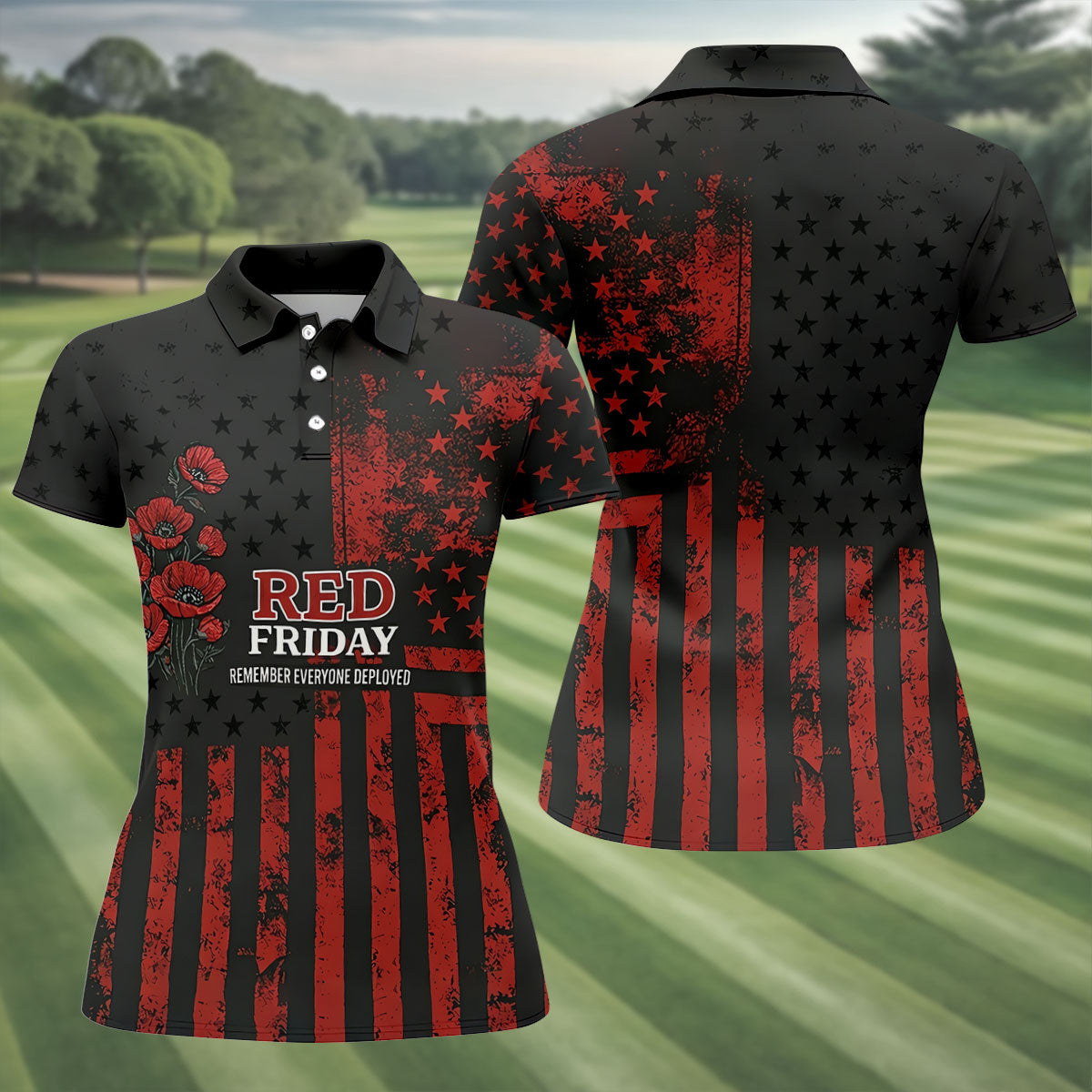 Red Friday American Flag Poppy Polo Shirt, Women’s Golf Apparel, Printed Golf Shirt