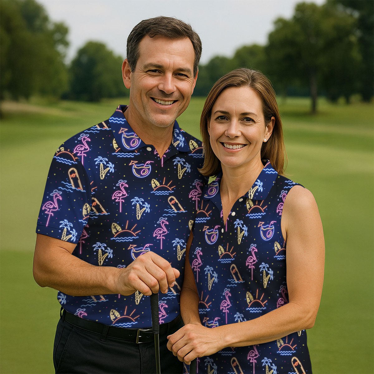 Neon Tropical Flamingo Sunset Cocktail Night Golf Polo, Hawaiian Golf Shirt, Ladies Golf Shirt