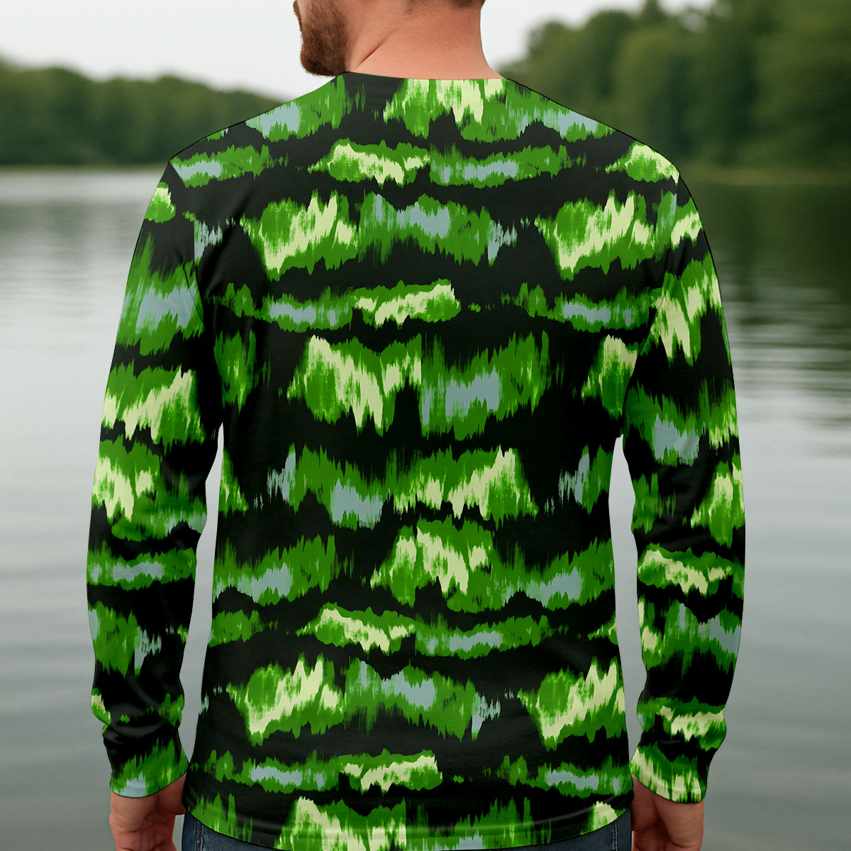 Green Ikat Pattern Fishing UPF Shirts, Long Sleeve Fishing Shirts, Fishing Shirts For Men