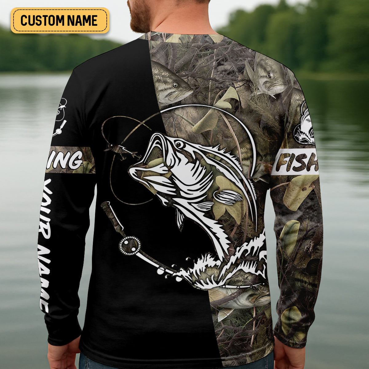 Camo Black Fishing UPF Shirts, Camouflage Fishing Shirts, Fishing Gifts For Men, Men's Fishing Shirt