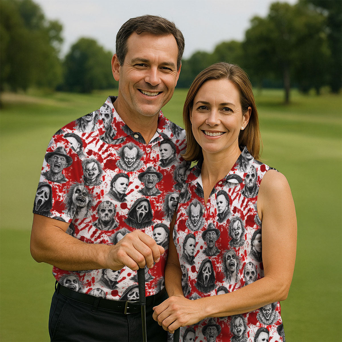 Halloween Horror Character Blood Splatter Polo Shirt, Mens Golf Polo, Golf Apparel For Men