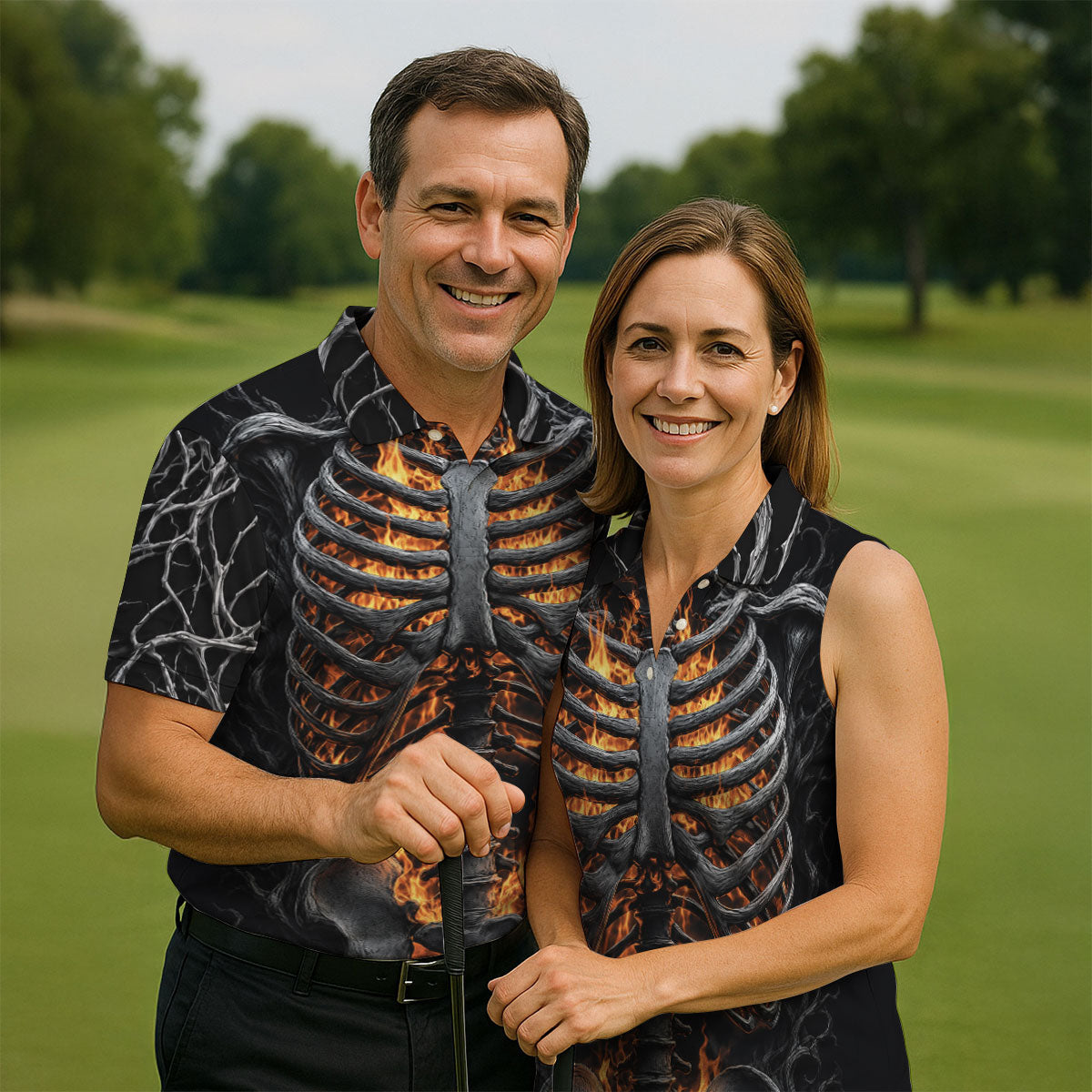 Halloween Fire Skeleton Horror Character Polo Shirt, Mens Golf Polo, Mens Golf Shirts